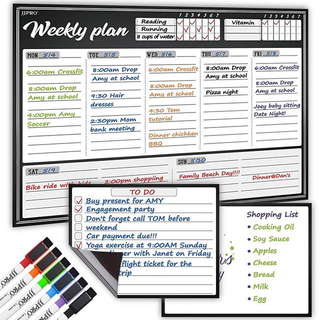 Large Magnetic Dry Erase Whiteboard Weekly Planner for Fridge - One Large Weekly Calendar and Two Notes/to Do/Grocery Boards Set - 6 Magetnic Dry Erase Extra Fine Tips Markers Included.