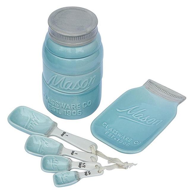 Comfify Vintage Mason Jar Kitchenware Set Multi-Piece Kitchen Ceramic Décor Set w/ 4 Measuring Cups, 4 Measuring Spoons and Spoon Rest - Attractive Vintage Style, in Aqua Blue Embossed Ceramic