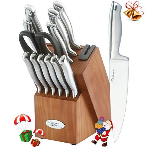 Marco Almond KYA26 Knife Sets, 14 Pieces High Carbon Stainless Steel Kitchen Knife Set in Hardwood Block,Single Piece Forged Hollow Handle Self Sharpening Cutlery Knives Set, Best Gift, Cherry