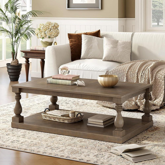 Merax Vintage Coffee Table Featuring Artistic Vase Column Legs and Luxurious Pine Veneer,Suitable for Living Room, Study Room,Brown