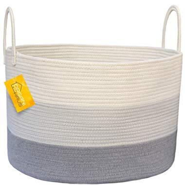 OrganiHaus XXL Cotton Rope Basket | Wide 20" x 13.3" Blanket Storage Basket with Long Handles | Decorative Clothes Hamper Basket | Extra Large Baskets for Blankets Pillows or Laundry (Gray)