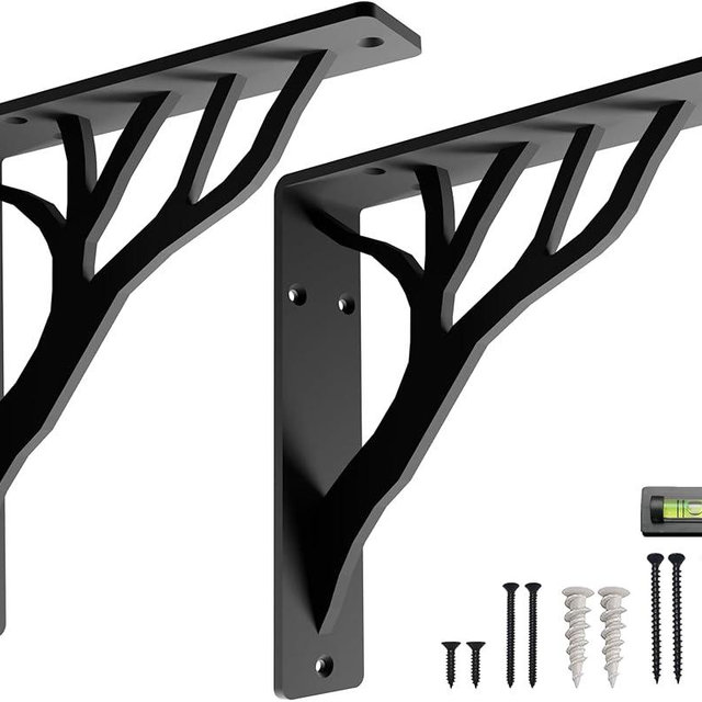 Rustic Tree Black Heavy Duty Shelf Brackets 10 inch by Balin Designs, Decorative L Brackets for Shelves, Metal Fireplace Mantel Large Shelf Bracket, Shelving Bracket, Included Hardware, Set of 2