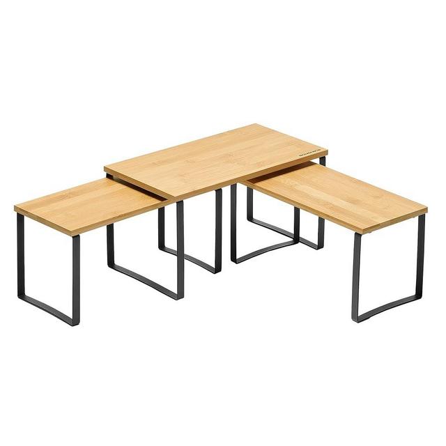 SONGMICS Cabinet Organizer Shelf, Set of 3 Kitchen Counter Shelves, Corner Shelves, Kitchen Storage, Spice Rack, Stackable, Expandable, Metal and Bamboo, Ink Black and Natural Beige UKCS014B01