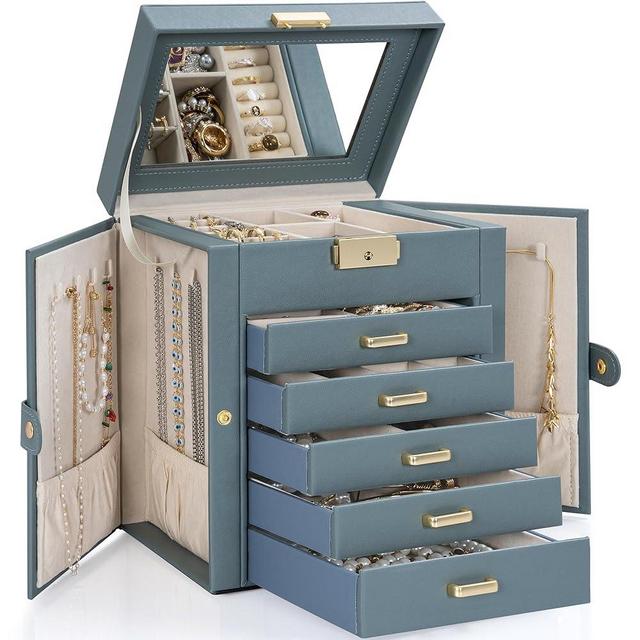 TORIBIO Large Jewelry Box for Women, Leather Jewelry Organizer with Mirror & Lock, 6-Tier Jewelry Storage Case for Girls/Women/Mothers, Necklace Earring Bracelets Holder Organizer, Grey Blue