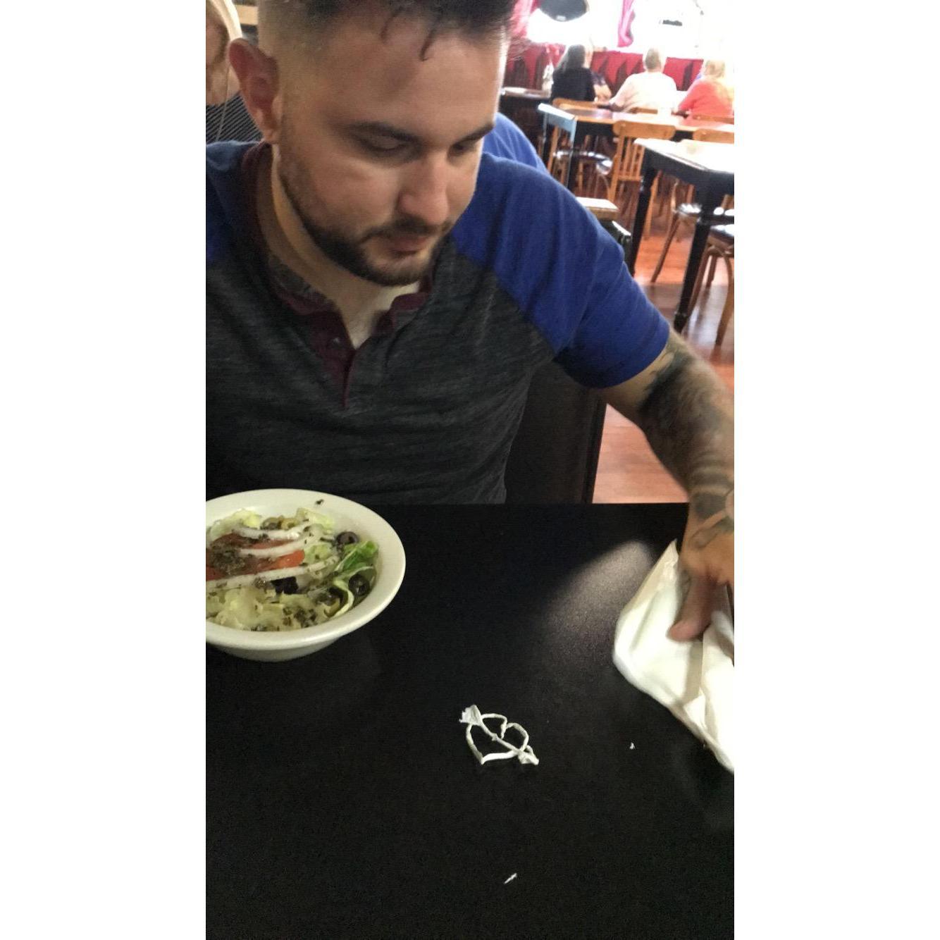 Every time we go out to eat, and I mean EVERY TIME, Brian makes a heart out of a straw wrapper for Melody.