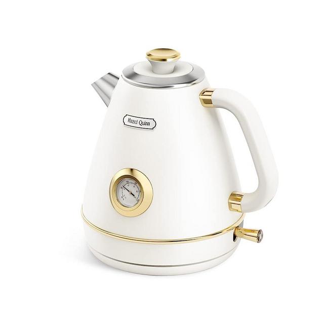 Hazel Quinn Electric Kettle, 1.7 Liter Tea Kettle with Thermometer, All Stainless Steel Cordless Water Boiler, 1200 W Fast Boiling, BPA-free, 360°Rotational Base, Automatic Shut Off, Retro Pearl White