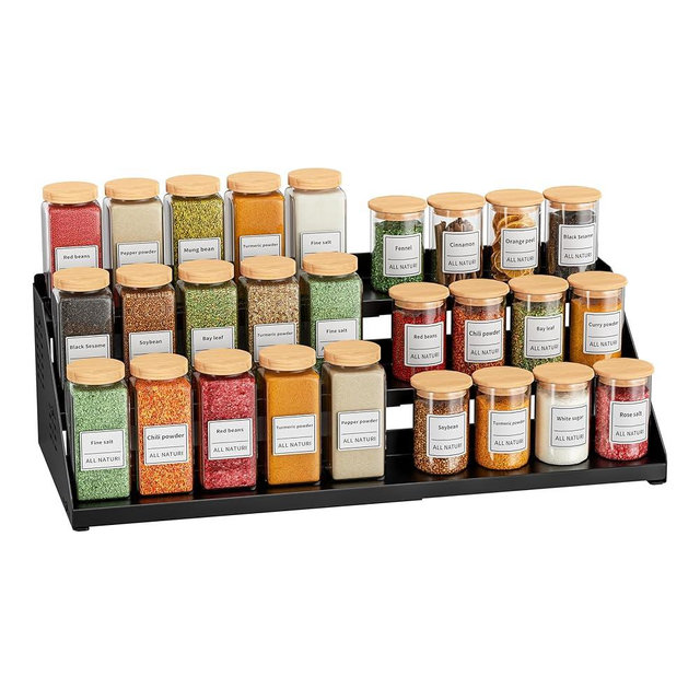 BOIVSHI Spice Organizer, Spice Rack for Expandable 3-Tier, Spice Organization for Cabinet Expandable Width and Adjustable Height, Seasoning Organizer for Cabinet, Countertop, Pantry, Black