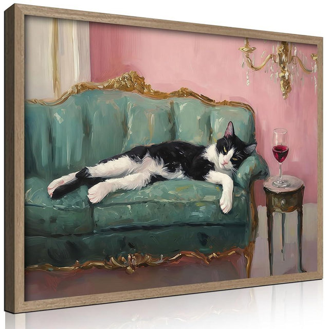 Wooden Framed Black And White Cat Wall Art Modern Style Canvas Print Lazy Persian Cat Poster Picture Decoration Painting Gallery Style Artwork Suitable For Living Room Bedroom Decoration 12x16 Inch