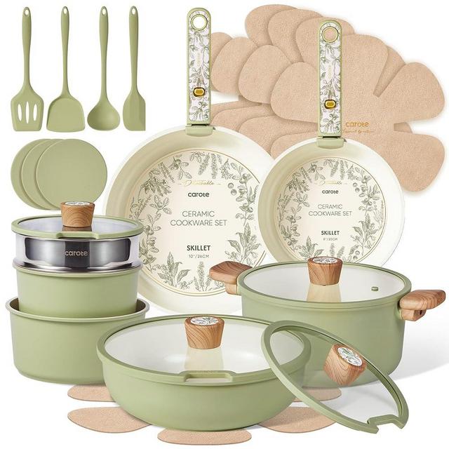 CAROTE 25-Piece Ceramic Cookware Set, Nonstick Pots and Pans Set with Detachable Handle, Non-Toxic Kitchen Cooking Set, Dishwasher & Oven Safe, Induction Compatible, PFAS Free, Green