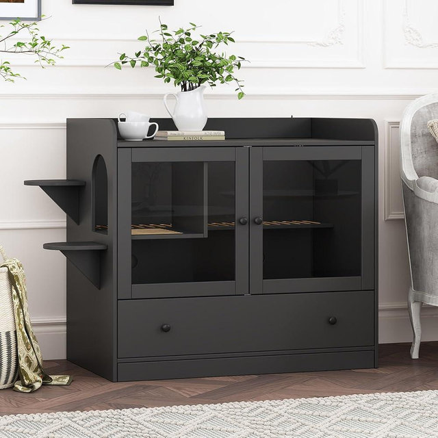 DAWNSPACES Extra Large Cat Litter Box Enclosure Furniture Hidden, Cat Condo Cabinet Pet House with Stairs for 2, Nightstand Side Table witha Large Drawer for Living Room, Black