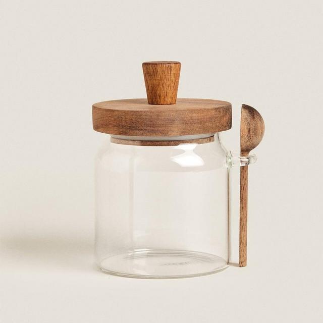 Borosilicate Glass and Wooden Sugar Bowl