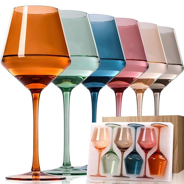 Colored Wine Glasses Set 6-16oz Multi Colored Wine Glasses with Stems, Hand Blown Colorful Wine Glasses Set, Unique Wine Glasses for Women Home Party
