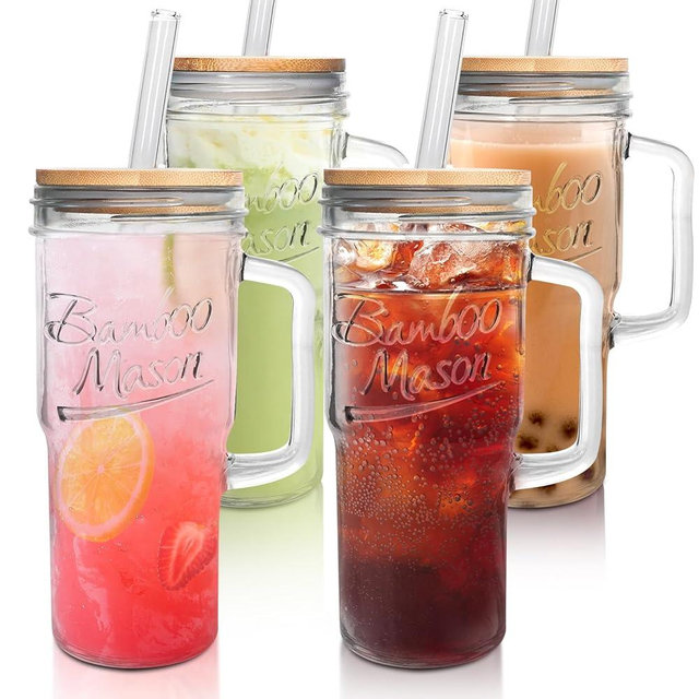ANOTION Glass Cups with Lids and Straws - 24oz Tumbler with Handle Coffee Cups Glass Straws Glasses Mason Jar Cups Drinking Set Kitchen Essentials Coffee Bar Accessories House Warming Gifts New Home