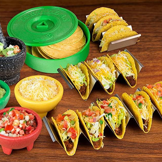 Nostalgia Taco Tuesday Kit Includes Tortilla Warmer, 3 Salsa Bowls, 4-Set Shell Holders, Mortar & Pestle