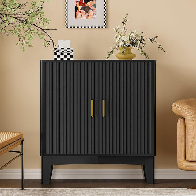 BORNOON Storage Cabinet with Doors and Adjustable Shelf, Modern Fluted Sideboard Buffet Cabinet, Freestanding Coffee Bar for Kitchen, Pantry, Entryway, Living Room (Black)