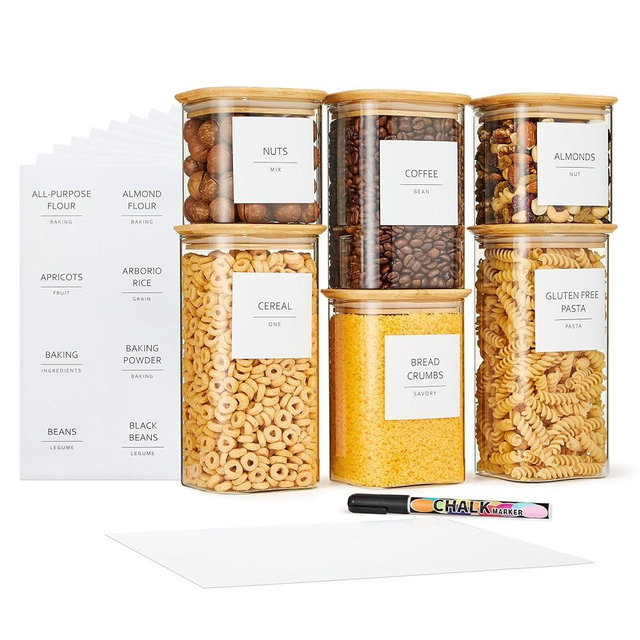 Talented Kitchen 6 Pack Square Glass Kitchen Storage Containers with Bamboo Lids and Preprinted Jar Labels for Kitchen Pantry Storage Organization - Available - In 24, 37, 51 Fl, Oz