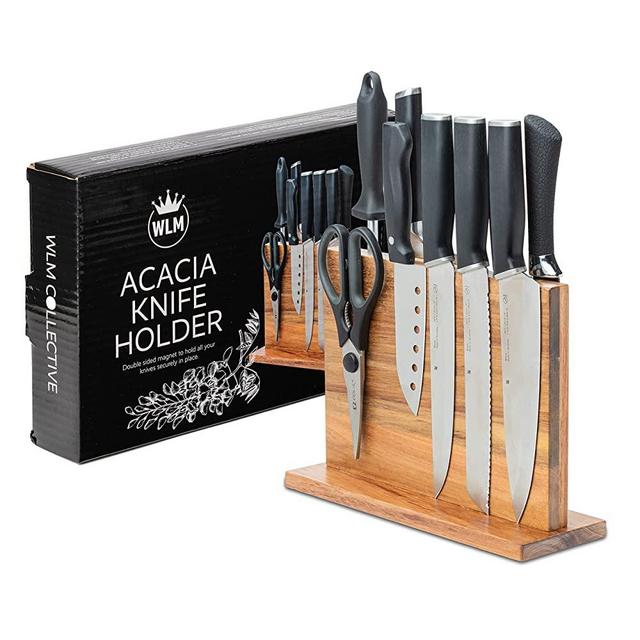 WLM Magnetic Knife Block, Acacia Wood Kitchen Knife Block, Double-Sided Magnetic Knife Holder Stand, Strong Magnetic Kitchen Knife Organizer Multifunctional Storage Rack (Knives not included)