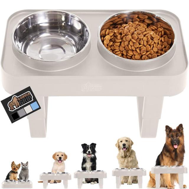 GORILLA GRIP Elevated Dog Bowls Stand, 6 Cup Stainless Steel Food Bowl Set of 2, 5 Height Adjustable Raised Feeding Station for Small Breed Puppy Dogs and Cats, Medium, Large Sized Pets Feeder, Beige