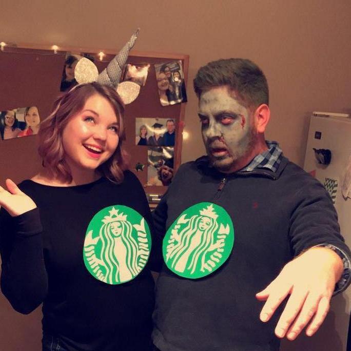 Our 2nd Halloween as a couple! And we decided to be the Unicorn and Zombie frappucinos! (It was a big thing that year for Starbucks)
