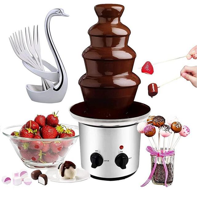 HzaiDanXin Chocolate Fountains, Dessert Forks, Stainless Steel Cascading Fondue Fountain, Chocolate Fondue Fountain Easy To Assemble 4 Tiers, With Dessert Forks, Perfect For Nacho Cheese, BBQ Sauce