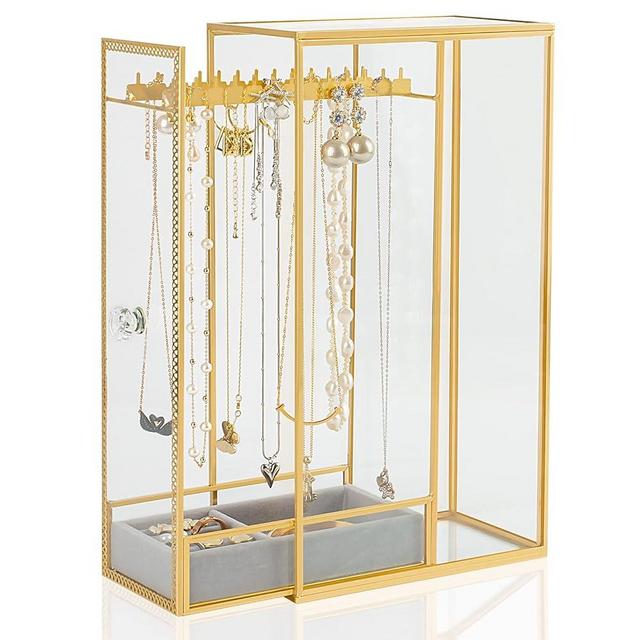 Glass Necklace Organizer Holder, Jewelry Organizer Necklace Holder with Hanging Hooks, Glass Necklaces Display Case for Storage Rings Earrings