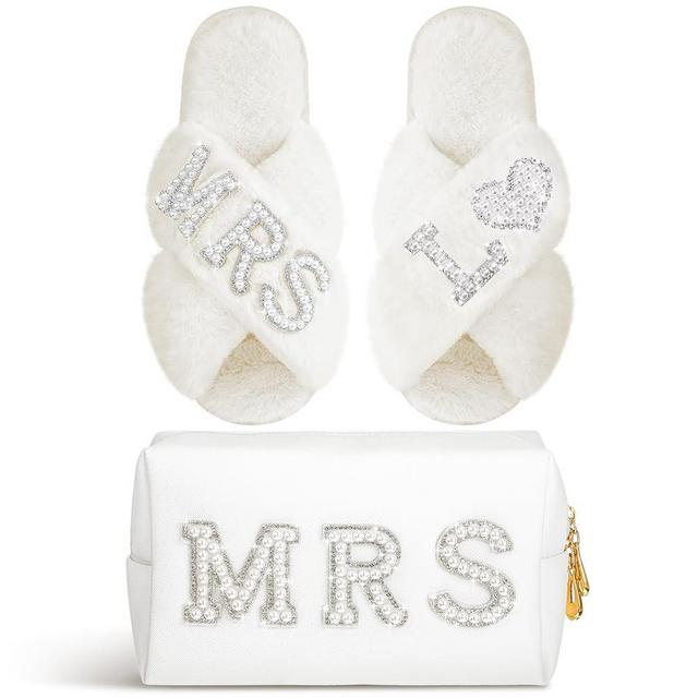 Xtinmee Personalized Initial Wedding Bride Slippers MRS Pearl Letter Makeup Bag Bridal Shower Gifts for Wedding Day (L)