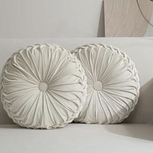 (BEIGE) HIG Set of 2 Decorative Round Pleated Throw Pillows,Classy Accent Pumpkin Throw Pillows with Center Button,Vintage Velvet Floor Pillows for Sofa Vanity Chair Bed, Beige,14.5" Diameter(Ripple)