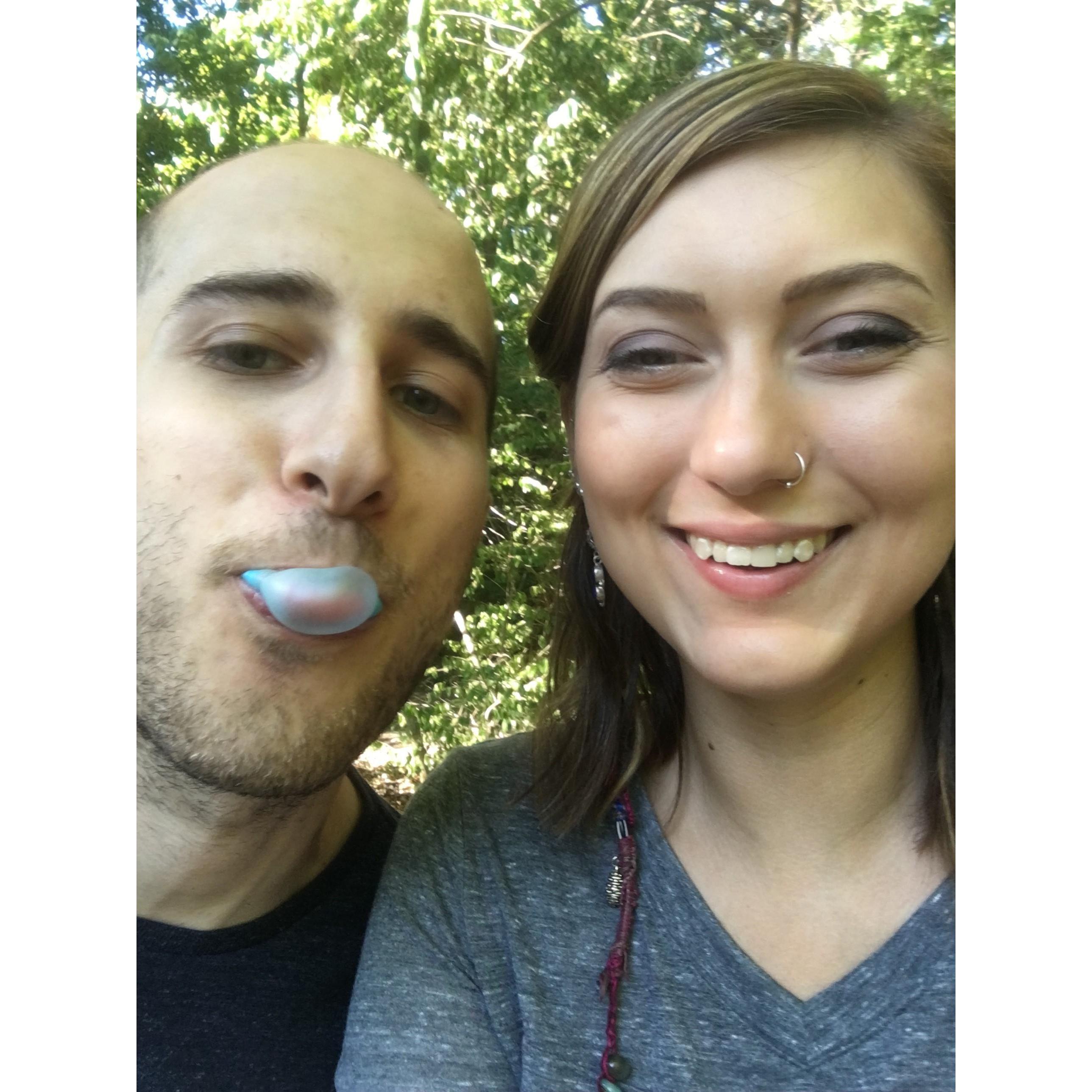I taught David how to blow a bubble after exploring around Lakeview Cemetary.