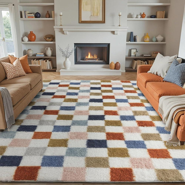 PureCozy Checkered Rug 9x12 for Living Room, Modern Rainbown Shag Rug Washable Non-Slip Large Area Rug Super Soft Indoor Fuzzy Carpet Fluffy Rugs for Bedroom Home Aesthetic Decor
