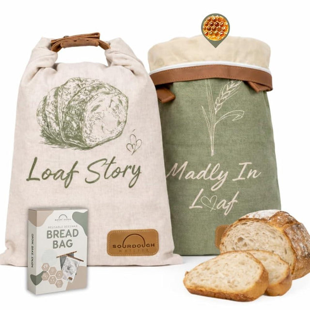 LOAF STORY Double Lock Reusable Beeswax Bread Bags, Featuring Wide Comfort Zipper and Roll-Top Hook-and-Loop Closure, Fully Open XL Airtight Storage for Freezer and Fridge, Gift for Bakers, 2 Pack