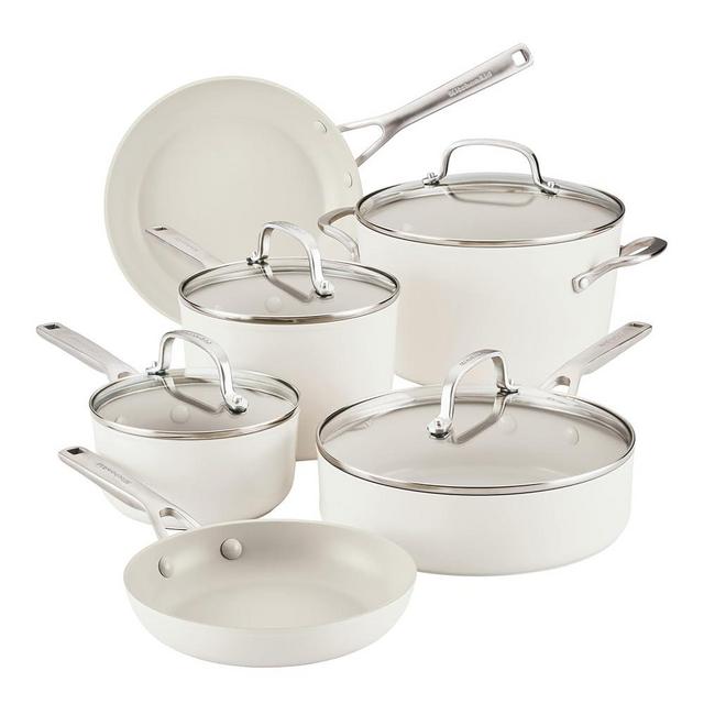 KitchenAid Hard Anodized Ceramic Nonstick Pots and Pans Set with Saucepans, Frying Pans, Stockpot, and Lids, 10 Piece Non Stick Cookware Set with Stainless Steel Handles - Porcelain White