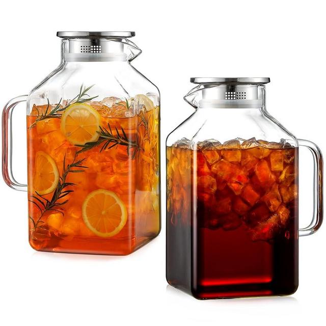 2 Pack 1 Gallon Square Glass Pitcher with Lid and Spout, Borosilicate Glass Carafe for Hot/Cold Drink, Water Pitchers with Handle for Fridge, Extra Large Jug for Iced Tea, Coffee, Juice, Beverage