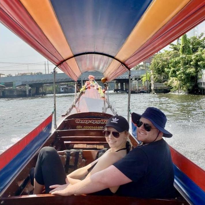 Wearing our adventure hats on a boat in Thailand (2018)
