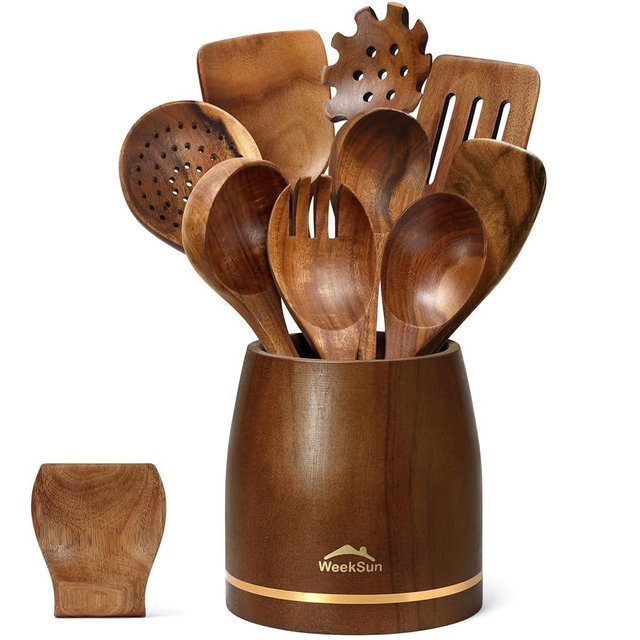 10 Pcs Wooden Spoons for Cooking, Cooking Utensils Set With Utensil Holder, Wooden Utensil Set Non-Stick, Teak Wood Nonstick Kitchen Cookware, Kitchen Utensils Set Gift for Chefs & Home