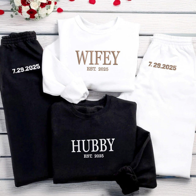Custom Embroidered Wifey Hubby Set - Wifey Sweatshirt - Honeymoon Set - Mr. and Mrs. Pants - Bridal Gift, Bridal Shower Gift,Engagement Gift