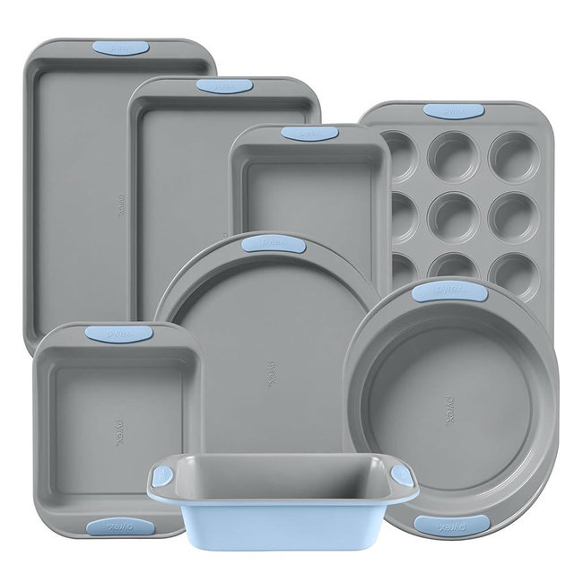 Pyrex (8-Piece) Metal Bakeware Set, Lightweight Stainless Steel Baking Trays with Heatsafe Silicone Handles, Cookie & Muffin Sheets, Round/Square Baking Pans, Cerulean