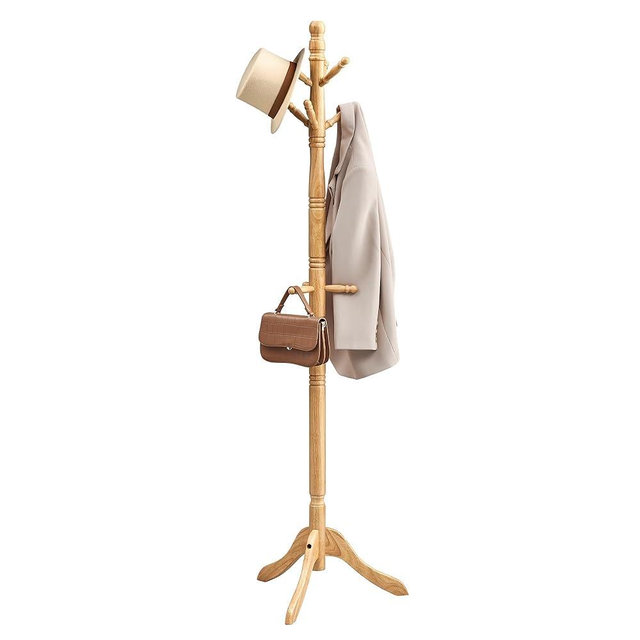 VASAGLE Solid Wood Coat Rack and Stand, Free Standing Hall Coat Tree with 10 Hooks for Hats, Bags, Purses, for Entryway, Hallway, Rubberwood, Natural Beige URCR003Y01