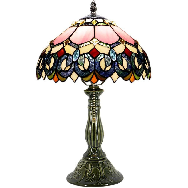 MQYXH Tiffany Lamp Stained Glass Table Lamps Pink Jewelry Baroque Style Desk Lamp 12X12X18.5 Inch Bronze Ceramic Base Reading Light Suitable for Bedside Bedroom Living Room Dining Room Office