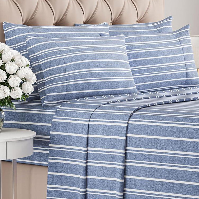 King 6 Piece Sheet Set - Comfy, Breathable & Cooling - Hotel Luxury Bedding for Women, Men, Kids & Teens - 1 Flat & 1 Fitted Sheet & 4 Pillowcases w/ Deep Pockets - Soft & Wrinkle Free - Blue Stripes