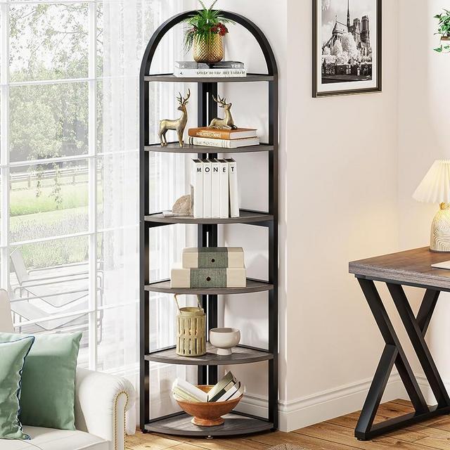Tribesigns Corner Shelf, Tall Corner Bookshelf for Small Space, Industrial Plant Stand Display Rack for Living Room, Home Office, Kitchen (6-Tier, Grey)