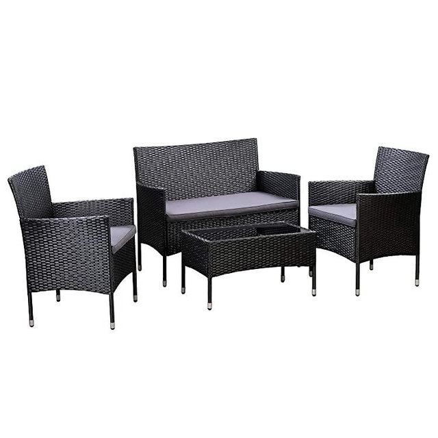 AmazonBasics Outdoor Patio Garden Faux Wicker Rattan Chair Conversation Set with Cushion - 4-Piece Set, Black