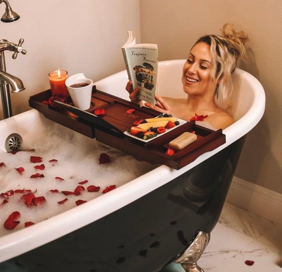 Estala Bamboo Bathtub Tray Bathroom Caddy – Bathtub Caddy Organizer Bath Tray for Tub – Book/Tablet Holder, Wine Glass Holder & Soap Dish