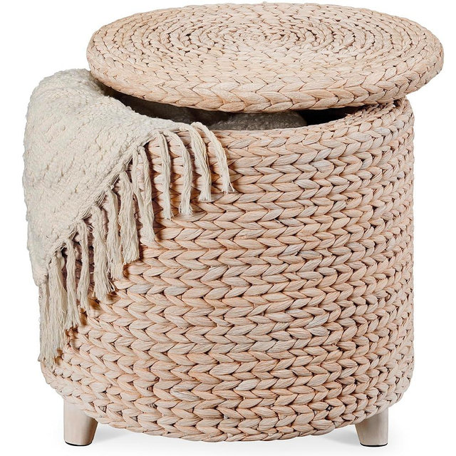 Best Choice Products 17" Round Storage Ottoman W/Lid, Handwoven Water Hyacinth Footstool, Footrest w/Wooden Legs, Accent Side Table, Storage Container, Plant Stand - Whitewash