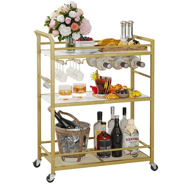 YAUKTAK 3 Tier Bar Cart, Small Beverage Cart, Mini Bar Cart with Wine Rack, Compact Mini Bar Cart - Please Refer to the Exact Dimensions for Usage Matching Dimensions: 22" W × 13" D × 35.8" H GBC507G