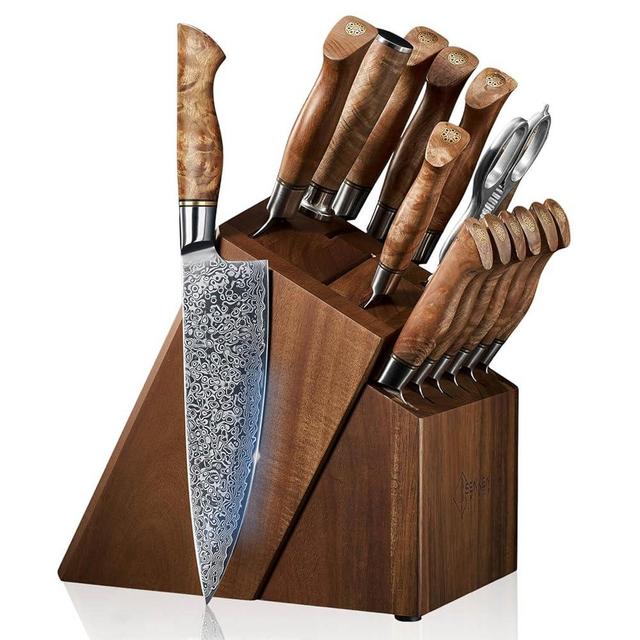 SENKEN 16-Piece Damascus Knife block Set - The Dynasty Collection - Japanese VG10 Damascus Steel with Natural Sycamore Wood Handles, Steak Knives, Scissors, & Sharpening Rod (16-Piece Knife Block Set)