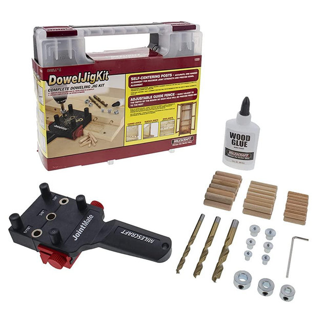 Milescraft 1333 Dowel Jig Kit - Handheld Dowel Jig with 3 Metal Bushing Sizes (1/4in, 5/16in, 3/8in) and Self-Centering Pins, 3 Brad Point Drill Bits, 3 Depth Stops, 6 Dowel Centers, and Wood Glue