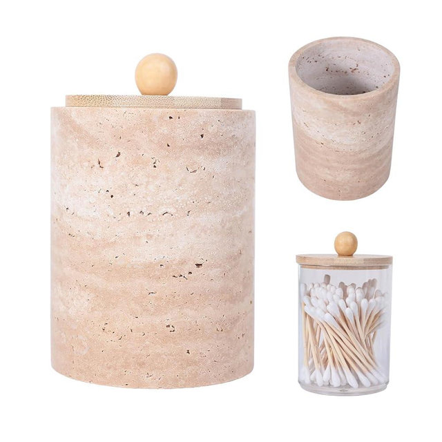 Travertine Marble Qtip Holder Dispenser with Bamboo Lid & Clear Plastic Inner Jar - Bathroom Vanity Organizer for Cotton Swab, Ball, Makeup Pads, Floss - Storage Container (Beige Travertine)