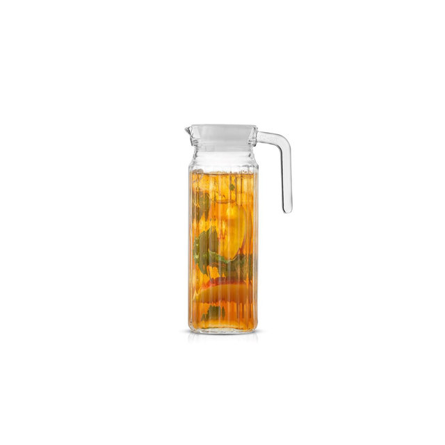 JoyJolt Beverage Serveware Glass Pitcher with Handle & 2 Lids - 40 oz Carafe for Hot Liquids or Cold Drinks