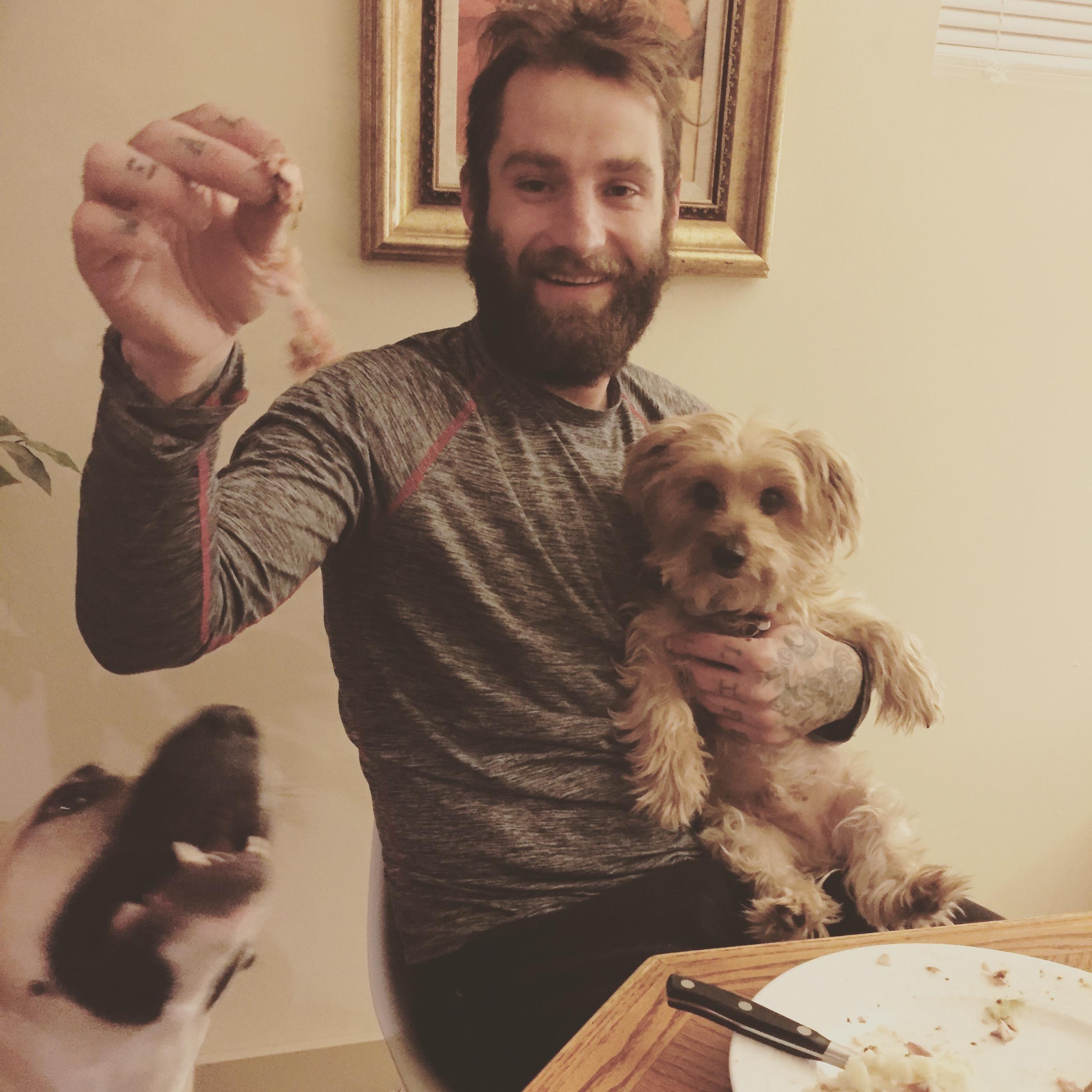 Having a family Christmas dinner after a day of skiing at Bridger Bowl.  Meet our pups, Lola (left) and Vito (right).