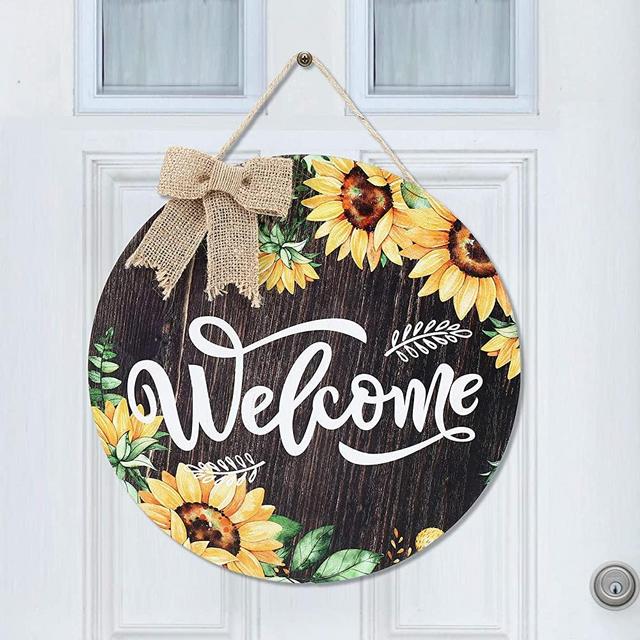 Sunflower Welcome Sign 12 x 12 Inches Rustic Sunflower Front Door Decor Farmhouse Porch Decoration Round Wooden Hanging Sign for Home, Restaurant, Shop (Wood Color)